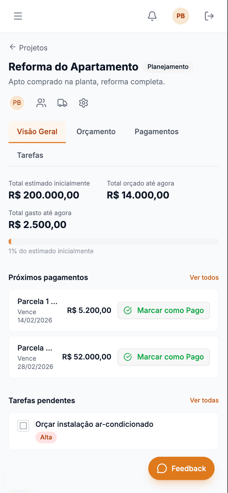 Reforma Com Controle no celular mostrando o dashboard do projeto