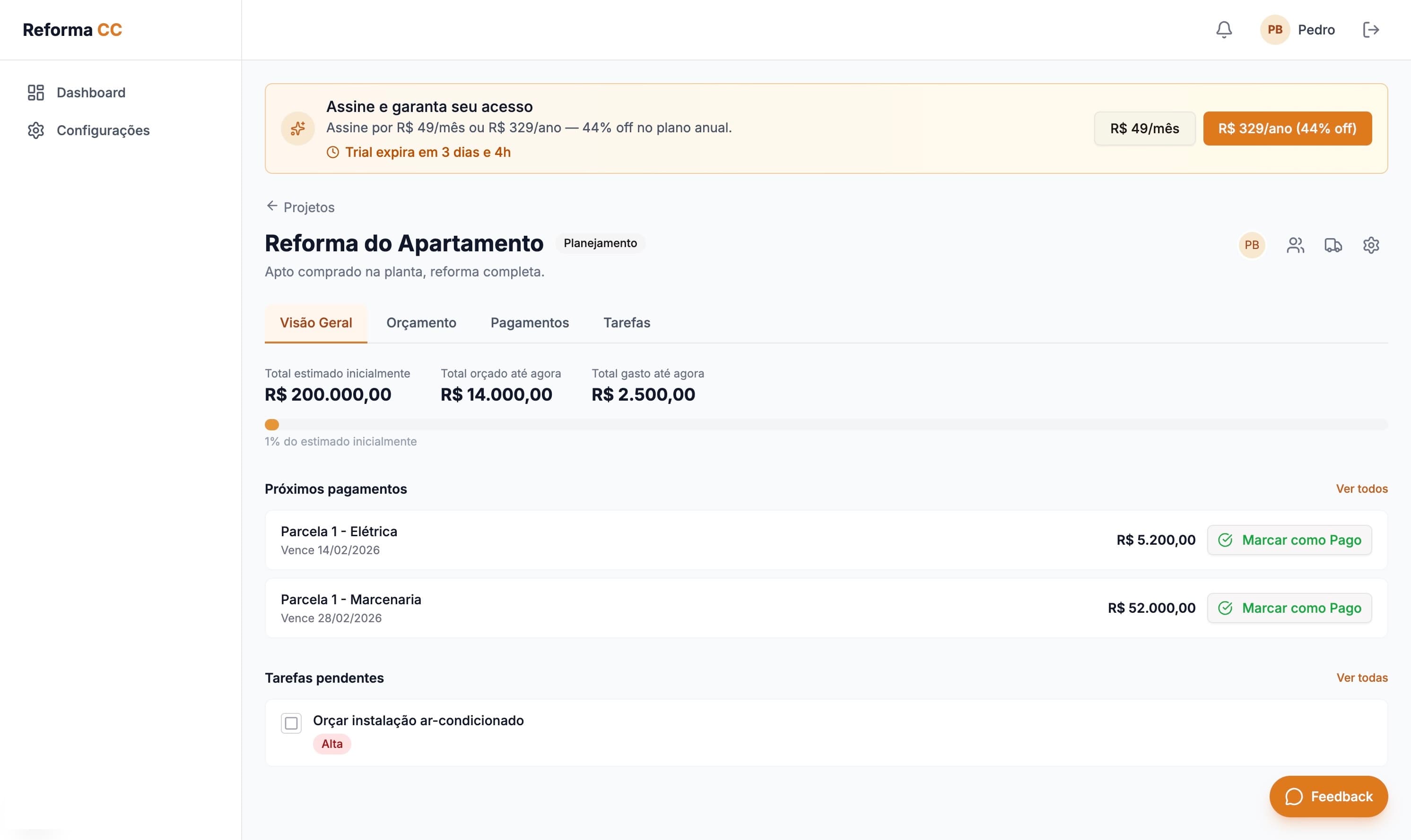 Dashboard do Reforma Com Controle